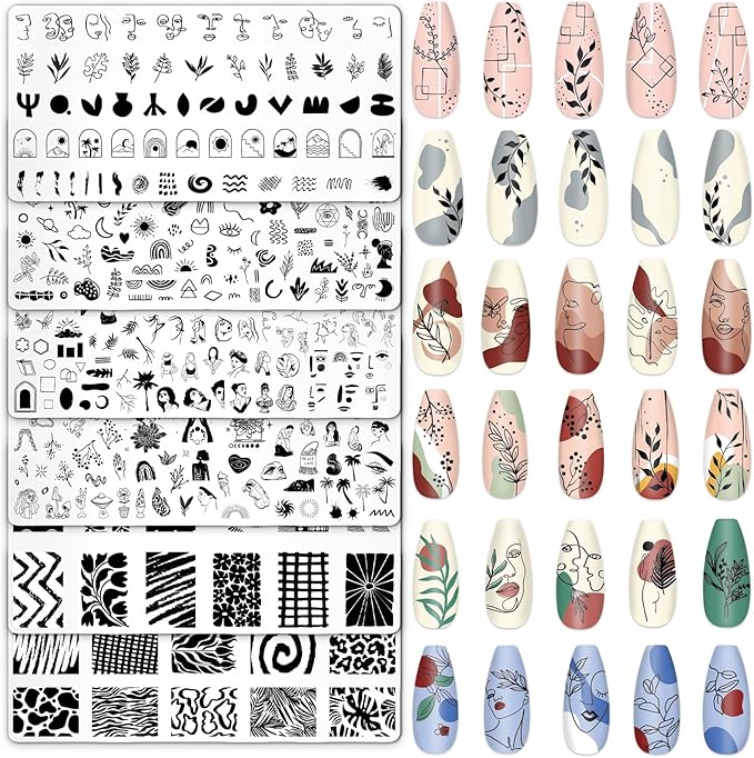 Whaline 6Pcs Abstract Lady Face Nail Plates Stamping Set Boho Plant Stamp Templates Nail Art Plates for DIY Print Manicure Salon Design Gift Supplies