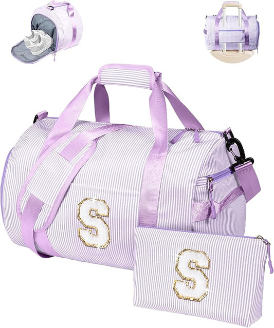 Birthday Gift for Grandkids, Girls Travel Duffle Bag, Kids Initial Overnight Duffel Bags with Shoe Compartment, Personalized Dance Bag with Cosmetic Pouch, Christmas Gift Ideas (Letter S)