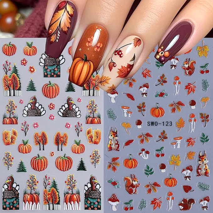 2Sheets Thanksgiving Nail Art Stickers 5D Embossed Squirrel Maple Leaf Nail Decals Self-Adhesive Turkey Pumpkin Designs Nail Sticker Fall Leaves Mushroom Nail Decal for Women DIY Manicure Decoration