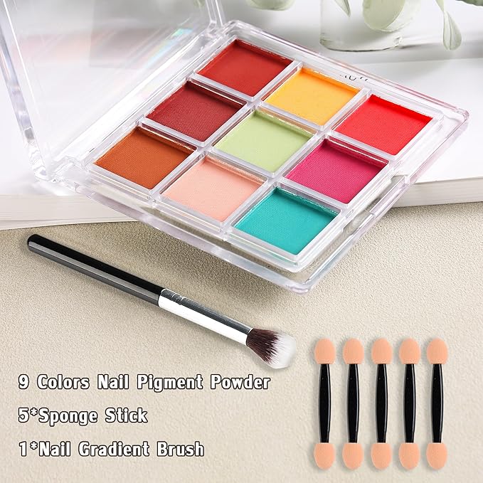 Nail Powder Pigment Palette - 9 Colors Ombre & Gradient Nail Art Design - Includes 5 Sponge Sticks & 1 Brush - DIY Manicure Kit for Beginners