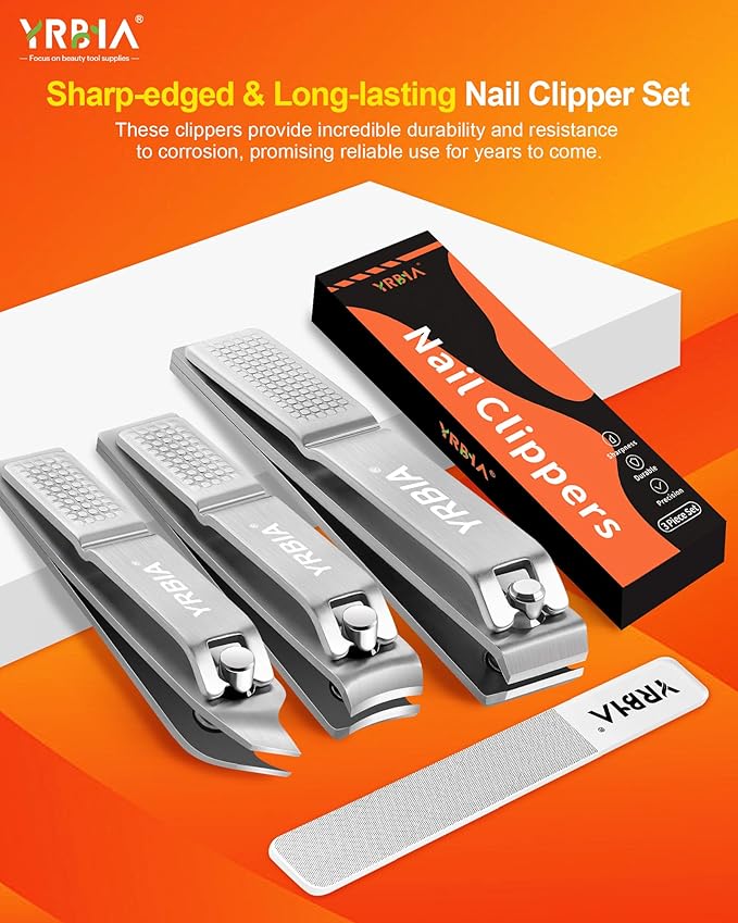 Nail Clippers with Glass Nail File, YRBIA Ultra Sharp Nail Clipper Set, Professional Stainless Steel Fingernail & Toenail Clippers Nail Cutter Set for Men & Women