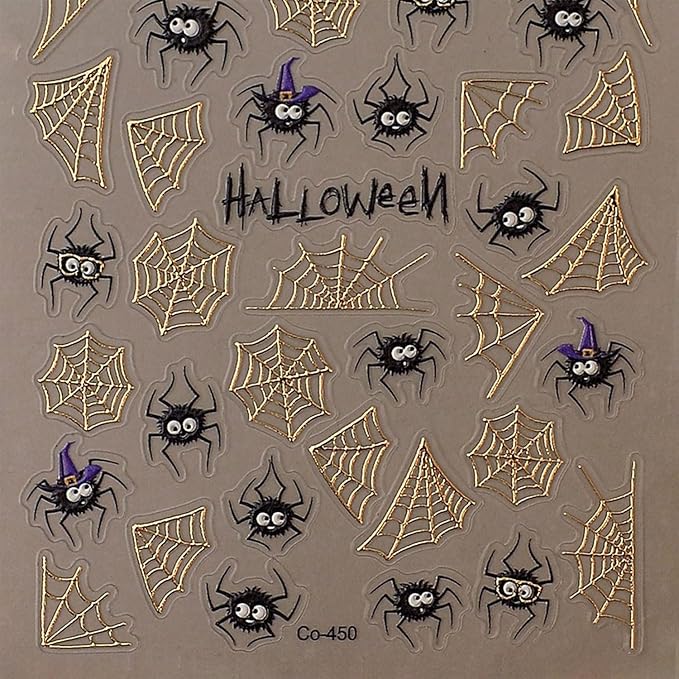 Halloween Nail Art Stickers 5D Embossed Nail Decals Gold Spider Web Nail Stickers Halloween Spider Nail DIY Supplies Decorations for Women (1 Sheet)