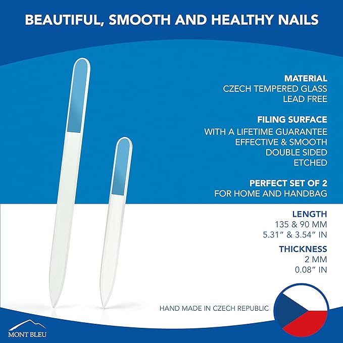 Mont Bleu Set of 2 Glass Nail Files Hand Decorated with Crystals - Handmade Gifts - Czech Tempered Glass - Expertly Shape Nails & Enjoy a Smooth Finish - Beauty Nail File
