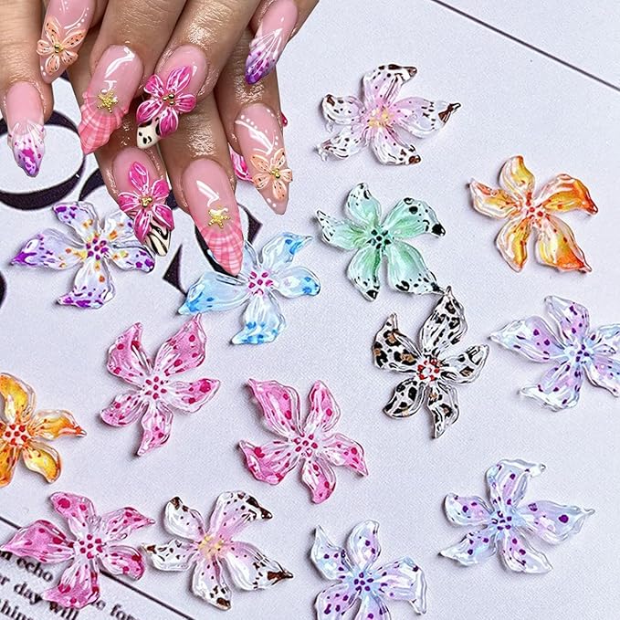 3D Hawaii Flowers for Nails,Spring Hibiscus Floral Nail Art Charms Lily Flowers for Nail Rhinestones Craft Multi-Color Petal Relief Flower Charms for Summer Acrylic Nail Jewelry Manicure Accessories