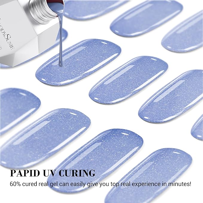 MelodySusie Semi Cured Gel Nail Strips (Pearly Blue), Works with Nail Lamp, Salon Quality, Long Lasting, Easy to Apply and Remove, Includes 20Pcs, 2 Prep Pads, Nail File and Wooden Stick