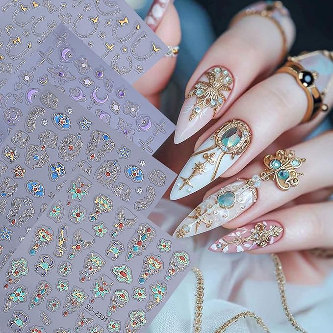 4 Sheets Embossed Nail Decals for Nail Art 5D Gems Designs Nail Art Stickers Purple Moon Star Nail Stickers Self-Adhesive Gold Chain Butterfly Nails Decal for Women DIY Manicure Decors