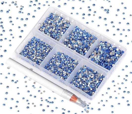 Bymitel 7200 Pieces 6 Mixed Sizes Glue Fix on Glass Rhinestones Round Crystal Gems Flatback for DIY Jewelry Making with one Picking Pen(6-Sizes 7200PCS, Lt. Sapphire)
