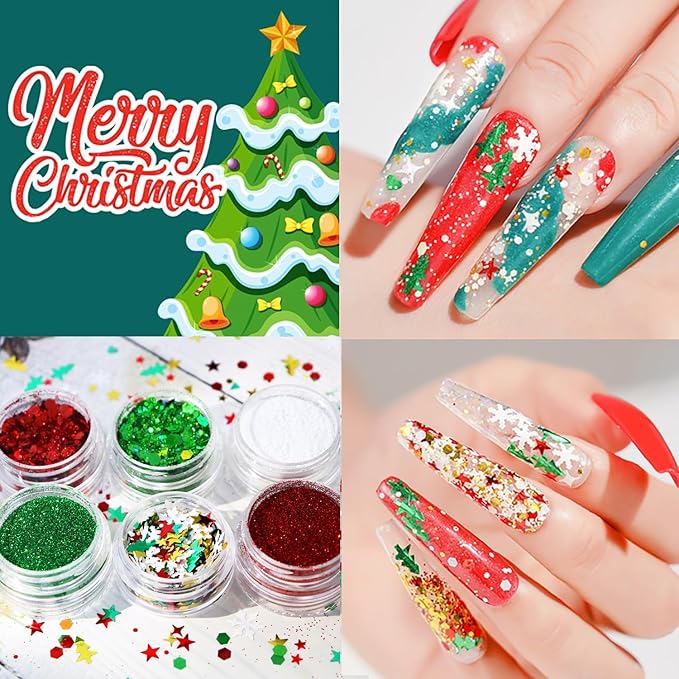 Snowflake Nail Art Glitter Christmas Nail Sequins Flakes, 3 Colors Manicure fine Glitter Powder, 3D Holographic White Green Red Winter Nail Stickers Decals Supplies Nail Charms for Women Girls 6 Box