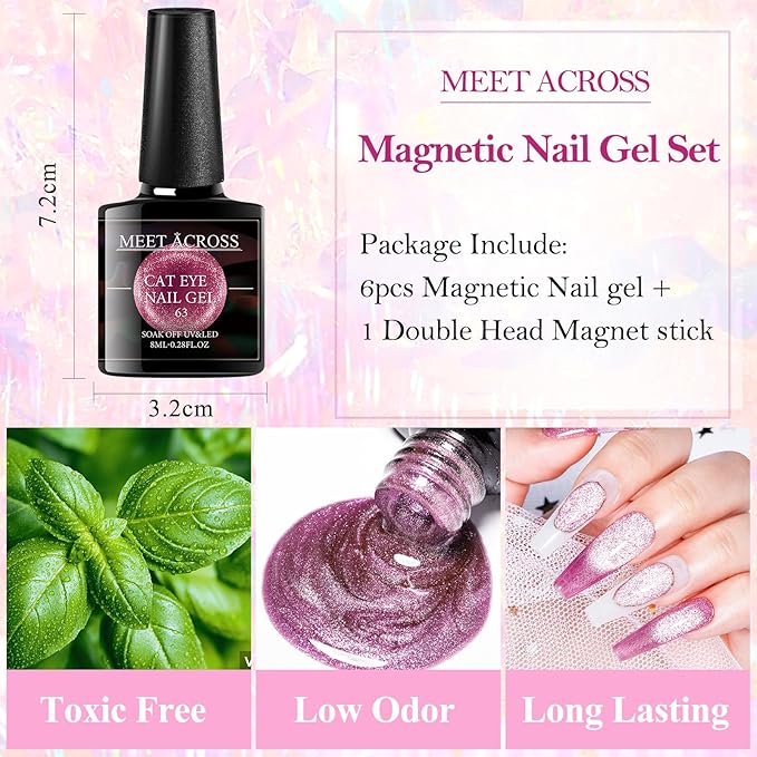 MEET ACROSS Ice Cat Eye Gel Nail Polish Set Magnetic Cat Eye Gel Nail Polish Set Soak Off UV LED Light Starry Sky Effect Magic Nail Polish Kit Manicure Nail Art Gift Kit 6 Colors Free Magnet Stick