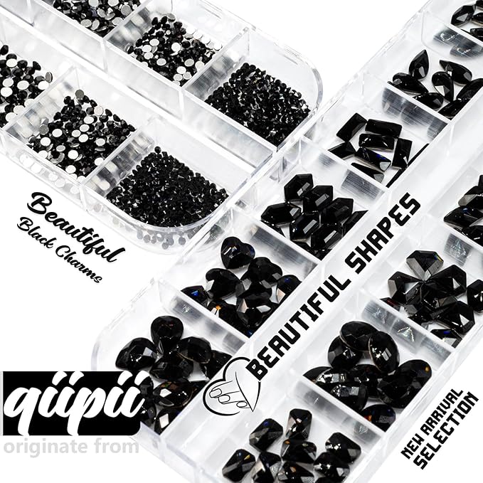 4080Pcs Black Nail Rhinestones Crystal Flatback Jet Black Rhinestones Round Beads Glass Gems Stones Nail Art Gems Diamonds jewels Multi Shapes Sizes Nail Charms for Nails Eyes Makeup DIY Crafts