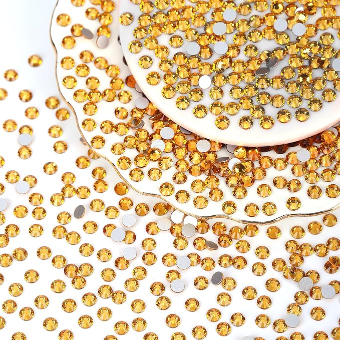 2000PCS Gold Yellow Rhinestones Bulk, Flat Back Crystal Glass Stone Round Gems,SS30, 6.4-6.6mm