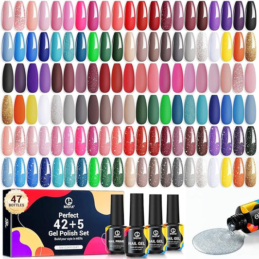 MEFA 47 PCS Gel Nail Polish Kit, 42 Colors All Seasons Collection Nude Pink White Colorful Gel Polish Set with 5 Pcs Base and Glossy/Matte/Glitter Top Coat DIY Manicure Art at Home Gifts for Women