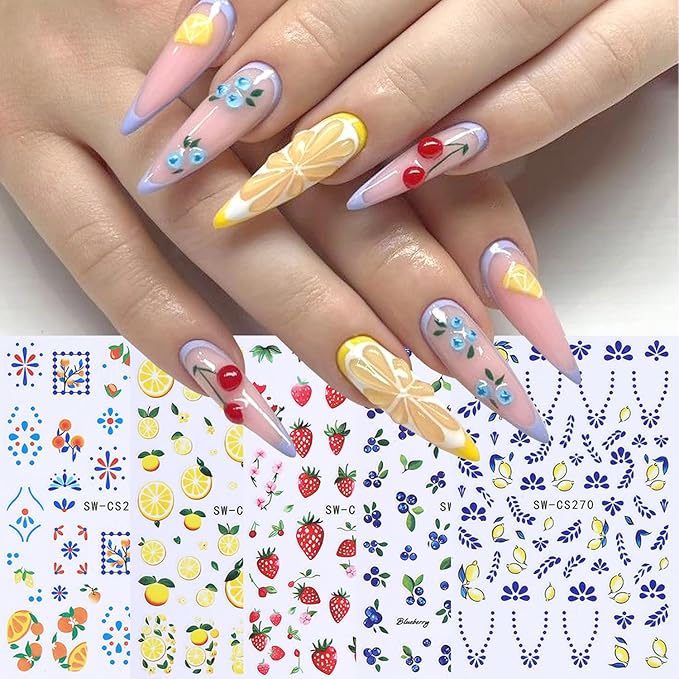 5Sheets Fruit Nail Art Stickers 3D Bohemia Fruit Design Nail Decals Self-Adhesive Flower Pattern Totem Lemon Nail Sticker Summer Strawberry Blueberry Nail Decal for Women DIY Nails Decoration Supplies