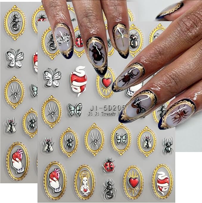 2Pcs Retro Halloween Nail Stickers Butterfly Decals for Nail Art Spider Nail Design Insect Gold Mirrors Nails Supplies 5D Embossed Heart Nails Acrylic Accessories for Women DIY Manicure Decoration