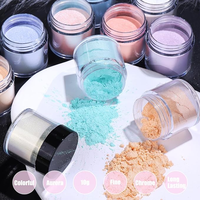 Pearl Chrome Nail Powder Kit 10 Boxes 10g Unicorn Mermaid Chrome Powder for Nails Art Decoration Iridescent Aurora Nail Glitter for Gel Polish DIY Summer Rubbing Dust for Home DIY Nail Salon Manicure