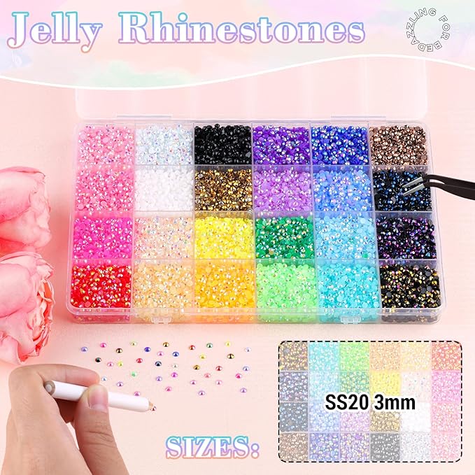 24000Pcs Resin Jelly Rhinestones with Tweezers for Crafting, Multi Colors 3mm Non Hotfix Flatback Gems, Bedazzling Crystal for DIY Crafts Clothing Tumblers Mugs Shoes Decor Nail Art