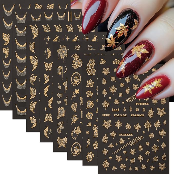 8 Sheets Fall Nail Art Stickers Maple Leaf Nail Decals 3D Self-Adhesive Glitter Gold Flower French Butterfly Nail Design Nail Supplies Thanksgiving Holiday Nail Art Decoration for Women Manicure Tips
