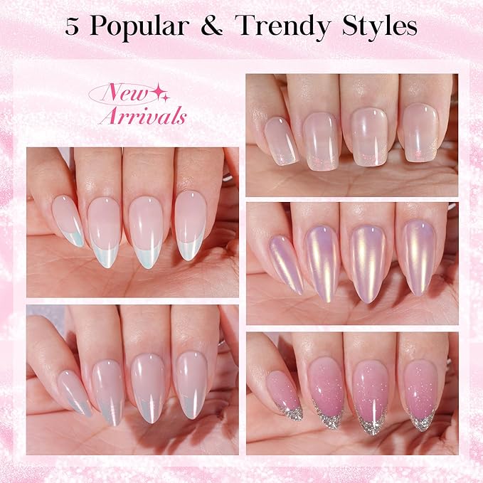 NEW Press on Nails Short, Jofay Fashion 120Pcs Salon-Like Fake Nails With Designs, French, Glitter, Mermaid/Pearl/Aurora Chrome Artificial Acrylic False Nails, Glue on Nails for Women