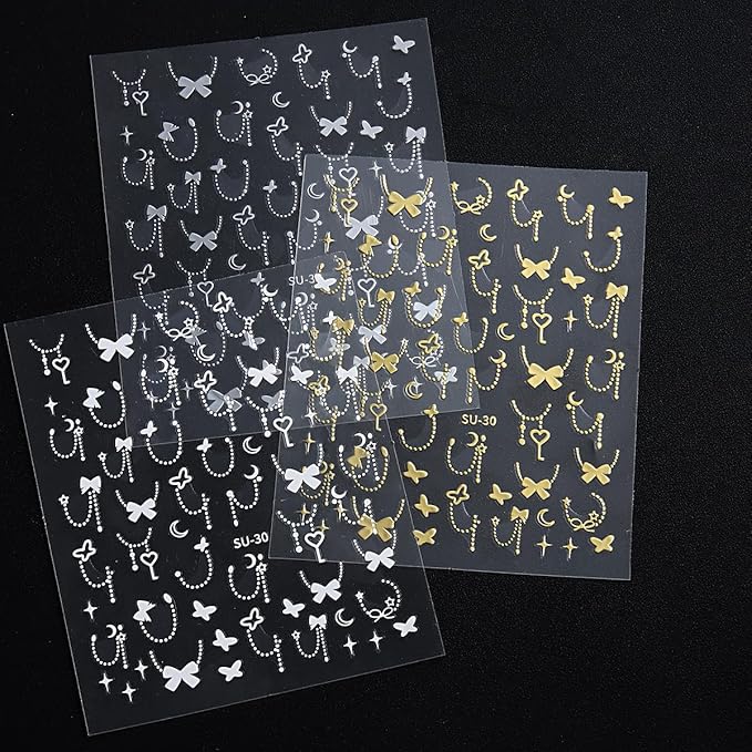 Silver Gold Bow Heart Nail Art Stickers, 6 Sheets 3D Self-Adhesive Nail Decals for Women and Girls, Nail Art Design Shiny Supplies Decoration Accessories