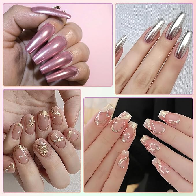 Gold Silver Chrome Nail Powder, Metallic Mirror Effect Pink Light Purple Champagne Chrome Powder for Nails, Unicorn Iridescent Holographic Nail Pigment Glitter Dust for Nail Art Decoration
