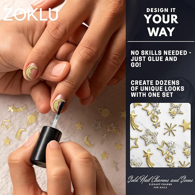 110 Pcs Gold Nail Charms and Gems – Complete Art Kit with Gold Star Nail Charms, Planets, Moon, Crosses & Rocket – Designed for Creating Detailed, Custom Designs with Easy Application