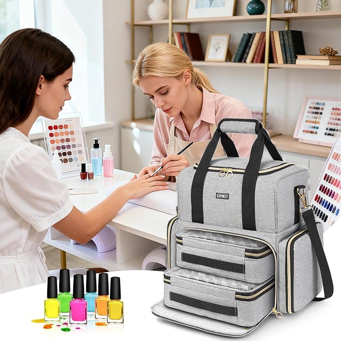 Nail Polish Organizer Holds 80 Bottles and a Lamp,Nail Polish Carrying Case with 2 Removable Bags,Nail Organizers and Storage for Nail Tech,Portable Nail Polish Holder for Nail Supplies,Grey