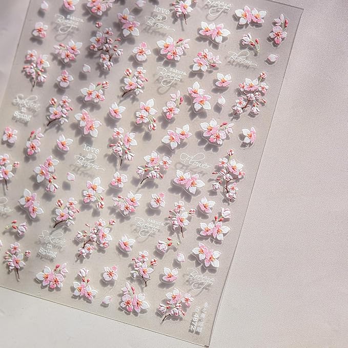 Cherry Blossoms Nail Art Stickers Pink White Flowers Nail Decals for Acrylic Nails 5D Embossed Self-Adhesive Flower Designs Nail Sticker Spring Summer Cute Floral Nail Decal for Women DIY Nail Decor