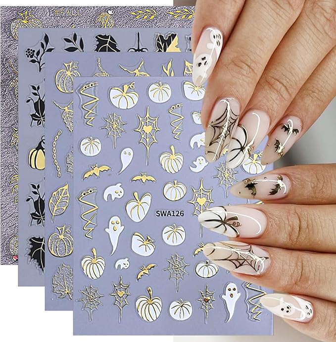 4 Sheets Halloween Nail Art Stickers Decals Fall Nail Decals Gold 3D Self-Adhesive Ghost Bat Spider Web Pumpkin Nails Decor Autumn Maple Leaf Nails Designs Stickers for Women Party Manicure Supplies