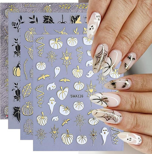 4 Sheets Halloween Nail Art Stickers Decals Fall Nail Decals Gold 3D Self-Adhesive Ghost Bat Spider Web Pumpkin Nails Decor Autumn Maple Leaf Nails Designs Stickers for Women Party Manicure Supplies