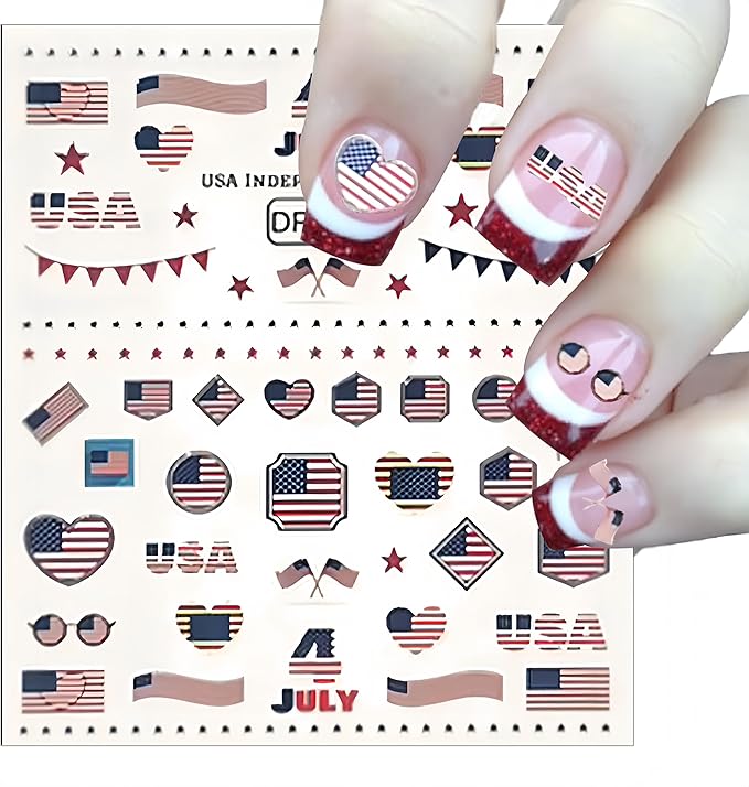 5 Sheets July 4th Nail Art Stickers 3D Self Adhesive American Flag I Love America Nail Decals Memorial Day for Women Nail Art Decoration