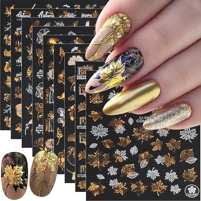 9Pcs Fall Nail Art Stickers Glitter Maple Leaf Nails Decals 3D Bronzing Ginkgo Squirrel Butterfly Flower Nails Design Sticker Autumn Thanksgiving Gold Nail Stickers Supplies for Women Manicure Decor