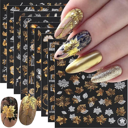 9Pcs Fall Nail Art Stickers Glitter Maple Leaf Nails Decals 3D Bronzing Ginkgo Squirrel Butterfly Flower Nails Design Sticker Autumn Thanksgiving Gold Nail Stickers Supplies for Women Manicure Decor