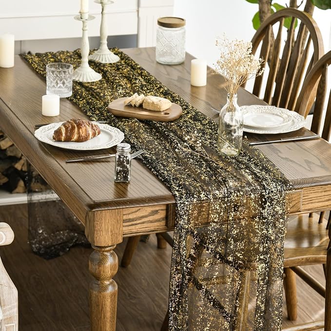 Artoid Mode Black Gold Gauze Table Runner 120 Inch 10FT, Glitter Metallic Foil - Image 3