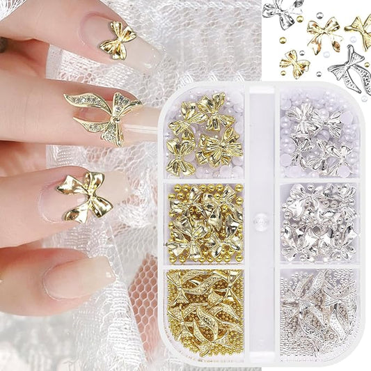 3D Metal Bowknot & AB Pearl and Mini Beads Nail Art Kit - Gold/Silver Alloy Bowknot, 1-2mm Stainless Steel Caviar Beads, 3mm Half Pearls for Professional Salon & DIY Manicure Jewelry Designs (Set 3)