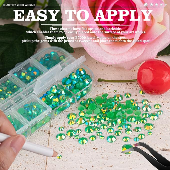 5000PCS Resin Rhinestones with Tweezers for Crafting, 2/3/4/5/6mm Flatback Jelly Rhinestones, 3 Box Dark Green AB Non Hotfix Crystal Gems for DIY Crafts Mugs Tumblers Clothes Makeup Nail