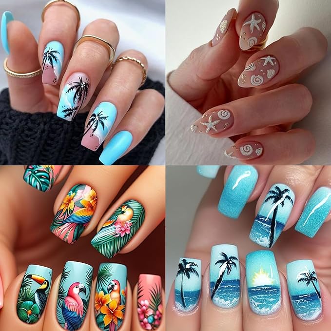 Summer Palm Tree Nail Art Stickers - Beach Sea Wave Self-Adhesive Nail Decals for DIY Shell Sea Star Jellyfish Coconut Tree Manicure (3 Sheets)