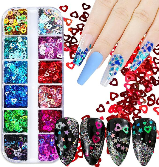 Love Heart Nail Art Glitter Sequins, 12 Colors Holographic Hollow Heart Shapes Nail Flakes Designs, 3D Laser Sparkly Big Small Hearts Nails Supplies for Women Manicure Decorations, DIY Shiny Crafts