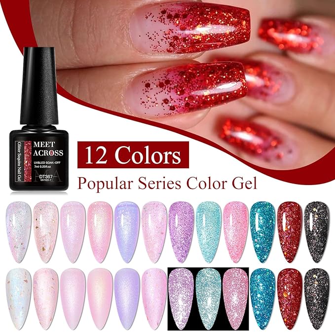 MEET ACROSS 12PCS Gel Nail Polish Set, 12 Colors Gel Nail Kit Art Design Soak Off UV LED,Nail Art Design Gifts for Women (SET-8, 12PCS)
