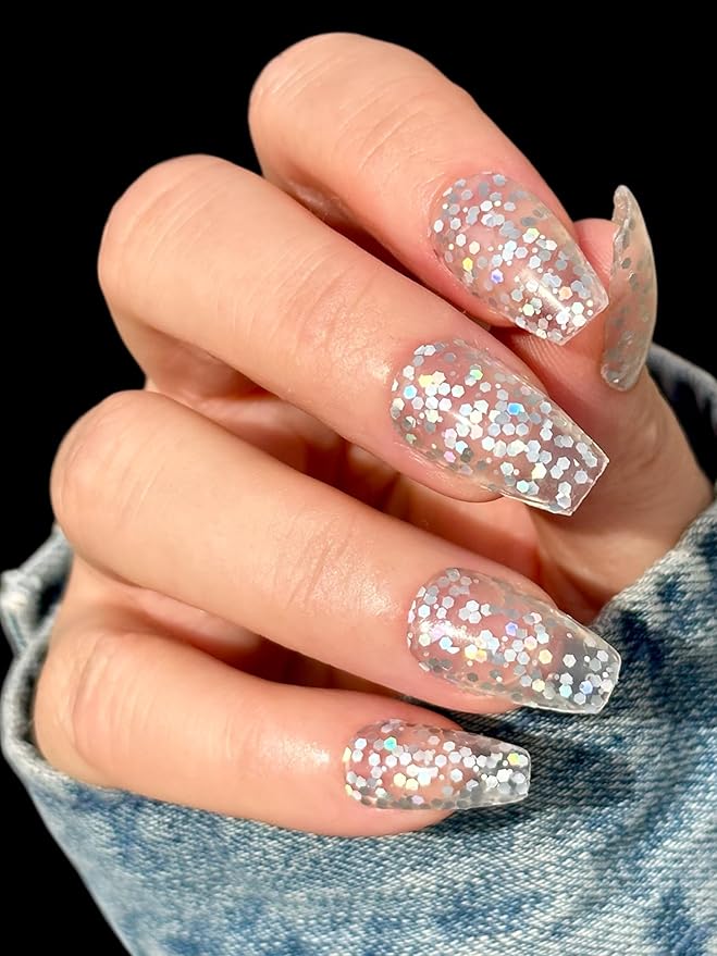 | 20 Exquisite Gel Nail Polish Strips w/Application Accessories - No UV/LED Lamp Required (Clear & Sparkle)