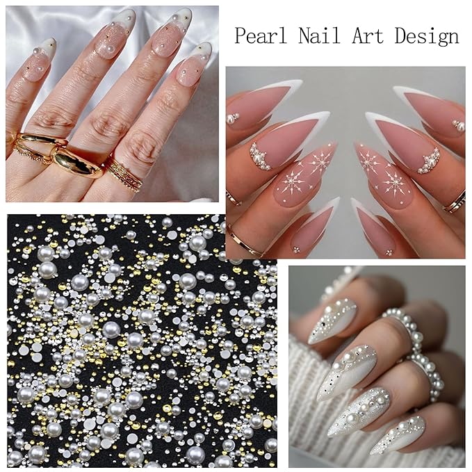 Nail Art Pearls with Rhinestones Glue Gel Flatback Pearls Nail Charms Gold Nails Supplies Accessories Silver Nails Gems Jewelry Pearl for Women