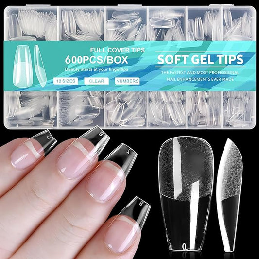 AddFavor 600pcs Coffin Nail Tips, Medium Coffin Soft x Gel Nail Tips Clear Fake Nails Ballerina Full Cover Acrylic Nails Tips for Extension Nail Manicure Salon Home DIY