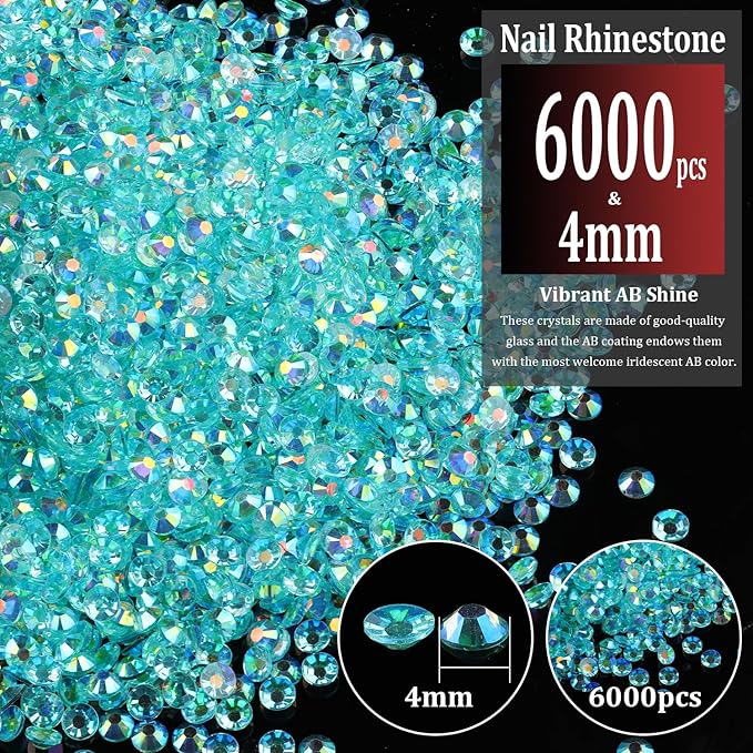 6000pcs 4mm Resin Rhinestones Bulk, Transparent Lake Blue AB Flatback Round Jelly Rhinestones Non Hotfix Crystal Gems Large Quantity Wholesale for DIY Crafts Clothes Bottles Face Makeup Manicure