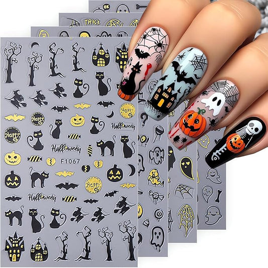 4Pcs Halloween Nail Stickers Gold Spider Nail Decals Self Adhesive Black Cobweb Spider Web Ghost Nail Design Halloween Nail Decoration Supplies Holiday Manicure Accessories for Women