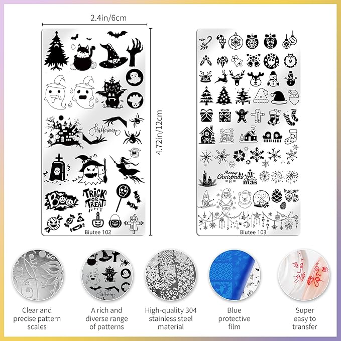 Biutee 10PCS Nail Art Stamping Plates Set Nail Stamper Kit with Nail Stamper Scraper and Storage Bag, Nail Stamp Plate Halloween Christmas Butterfly Starry Sky Flower Design Nail Stamping Kit