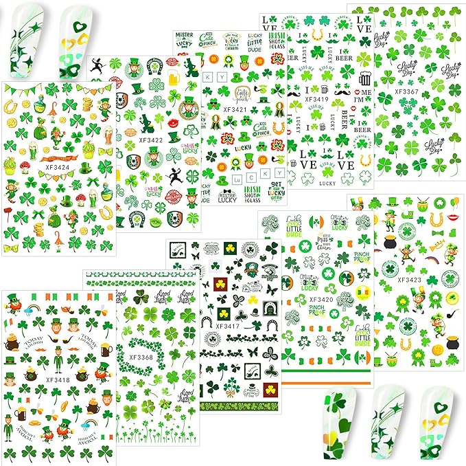 St Patricks Day Nail Stickers Green Shamrock Nail Stickers 3D Self-Adhesive Luck of The Irish Nail Decals Leprechaun Shamrock Nail Decals Deisgn Holiday Nail Stickers for Women Nail Art 10sheets