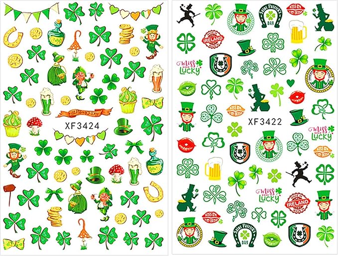 St Patricks Day Nail Stickers Green Shamrock Nail Stickers 3D Self-Adhesive Luck of The Irish Nail Decals Leprechaun Shamrock Nail Decals Deisgn Holiday Nail Stickers for Women Nail Art 10sheets