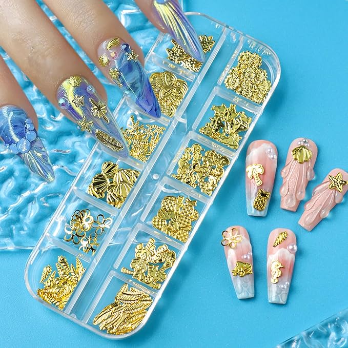 Gold Stars Moon Nail Accessories Golden Metal Shell Seahorse Jellyfish Nail Art Glitter Sequins 3D Golden Flower Nails Supplies Jewelry Studs Nail Decoration Kit Suitable for Women Acrylivc Nail