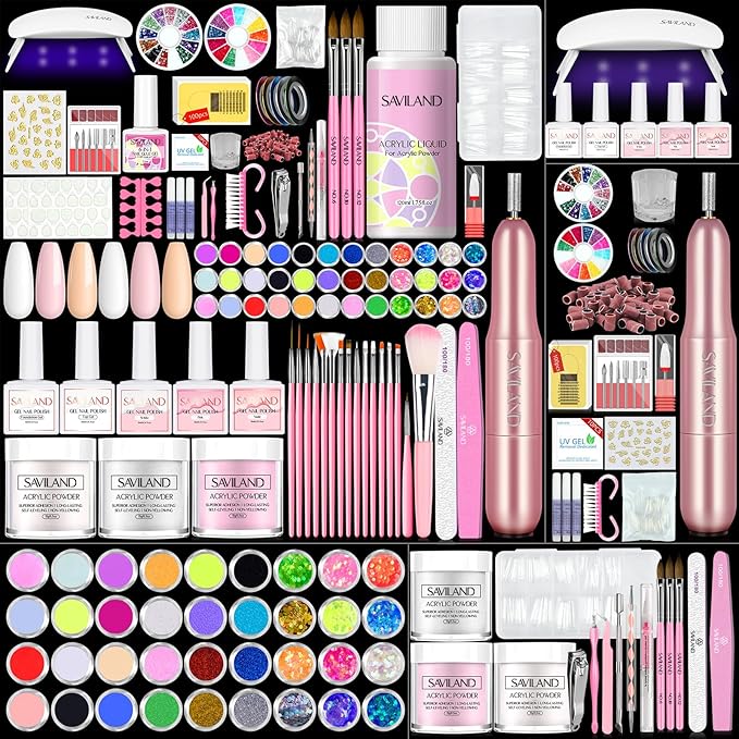 SAVILAND Essentials Acrylic Nail Kit with Everything: Professional Nail Kit Set with Nail Drill U V Nail Lamp Gel Polish Nails Tips for Salon Manicures at Home