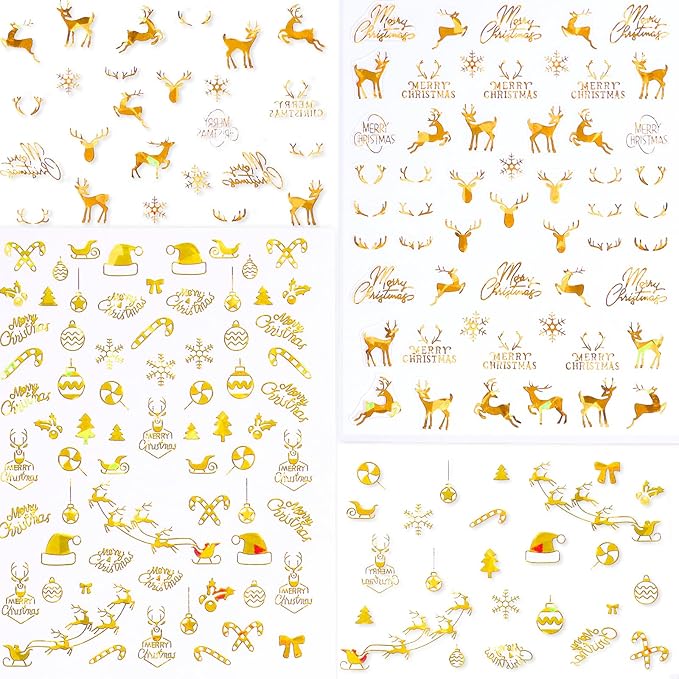 HNUIX Nail Stickers - 3D Christmas, Self Adhesive Nail Decals, Multi Pattern, Gold, 9 Sheets, for Nail Art