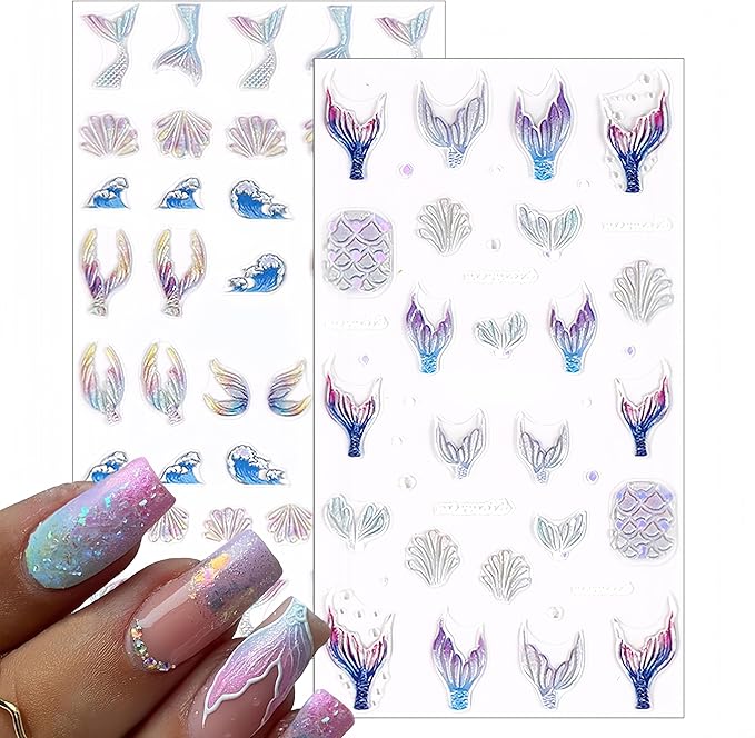 3 Sheets Summer Nail Art Stickers Ocean Style 5D Embossed Fantasy Mermaid Tail Ocean Wave Fishtail Shell Starfish Design Stickers Suitable for Women and Girls Nail Art Decoration